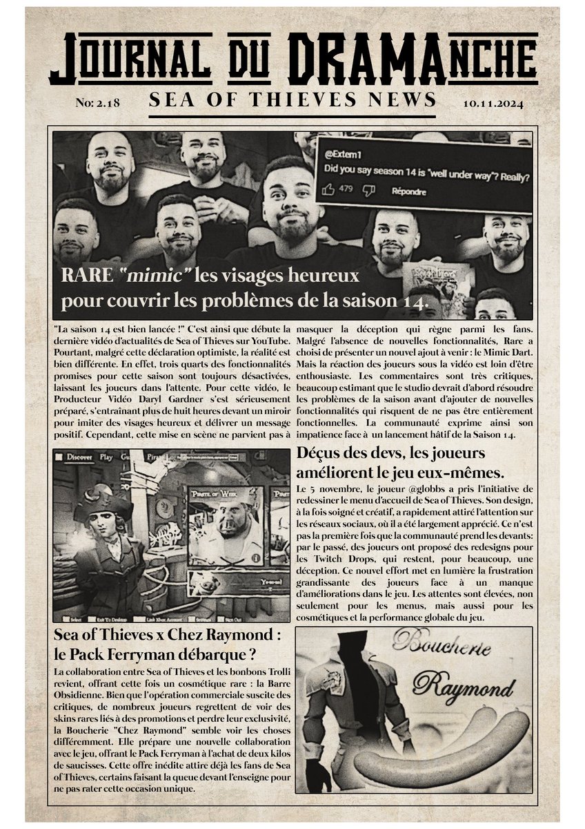 Cette semaine dans votre journal: 
➡️ <a href="/RareLtd/">Rare Ltd.</a> "mimic" les visages heureux !
➡️ <a href="/gl0bbbs/">ay0ne</a> redesign les menus !
➡️ Ferryman Pack Collab !

Retrouvez l'actualité de SoT dans le JDD ! #jddramanche <a href="/SeaOfThieves/">Sea of Thieves</a> #SeaOfThieves     

No: 2.18 - 10.11.2024