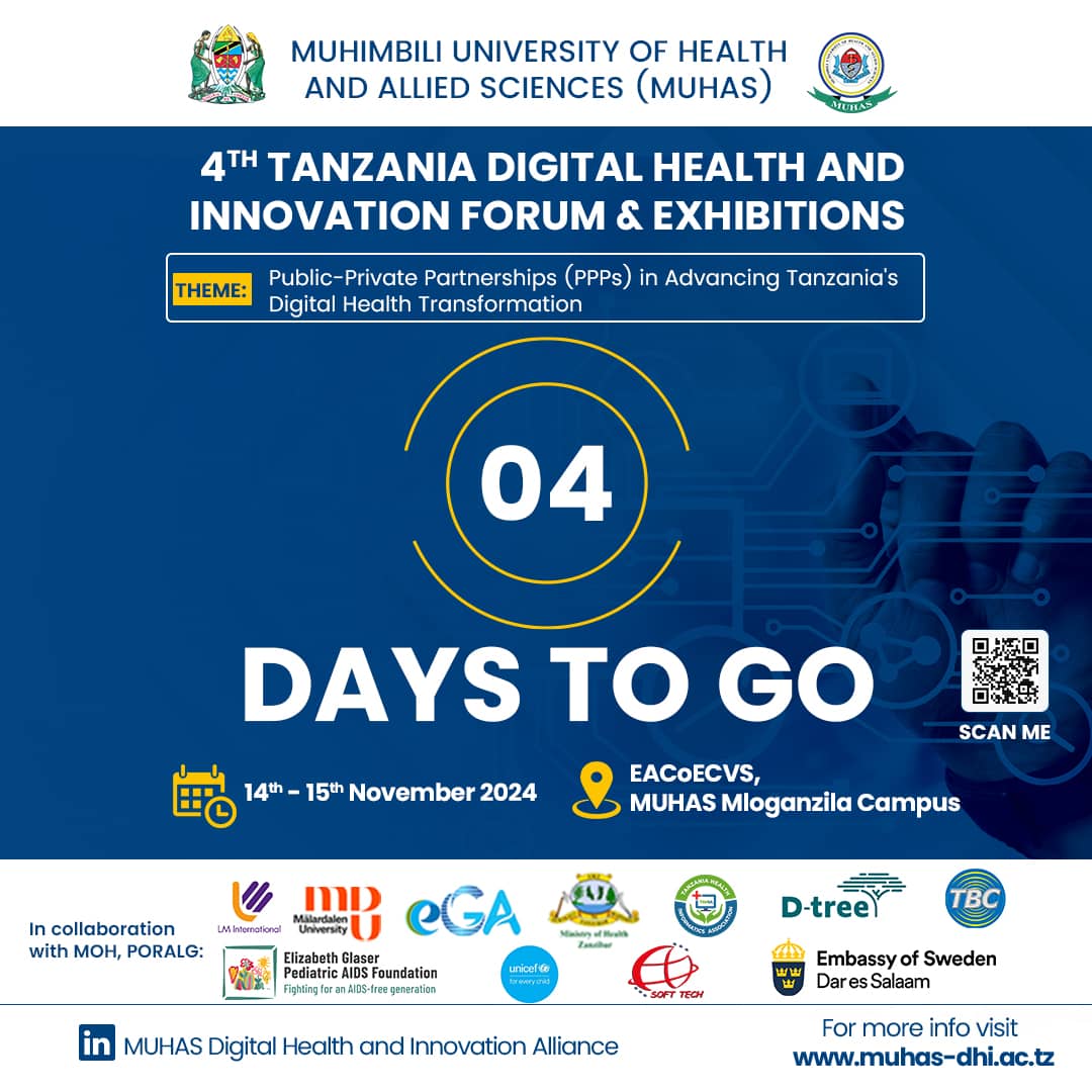 muhas_dhealth's tweet photo. Only 4 days are left until the 4th Tanzania Digital Health Innovation Forum and Exhibition, which will be held on November 14th and 15th, 2024, at the East Africa Centre of Excellence for Cardiovascular Sciences, Mloganzila Campus, Kibamba, Dar es Salaam!
#DigitalHealthTZ https://t.co/u3bZO9yJND