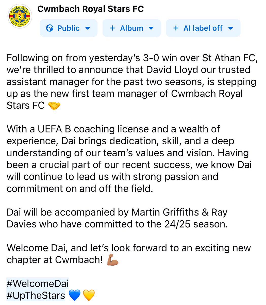 CwmbachRS's tweet photo. Following on from yesterday’s 3-0 win over St Athan FC, we’re thrilled to announce that David Lloyd our trusted assistant manager for the past two seasons, is stepping up as the new first team manager of Cwmbach Royal Stars SC 🤝

#UpTheStars 💙💛 https://t.co/jgZftOBCN0