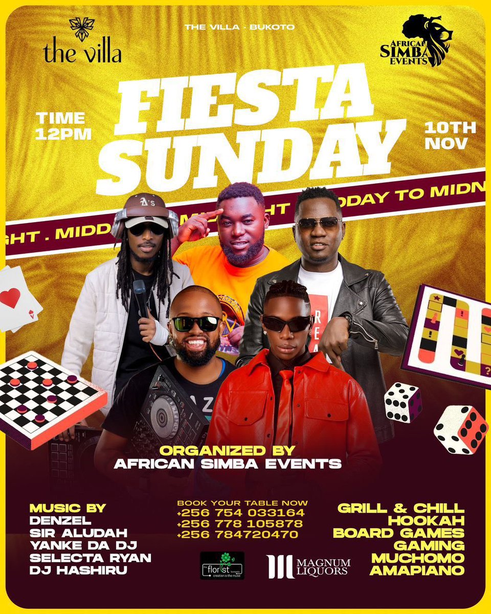 Mushrm (@mushroominc) on Twitter photo Get ready for Fiesta Sunday at <a href="/thevillaUG/">the Villa</a> swing by for an epic lineup with <a href="/DjAludah/">Sir. Aludah 👑</a>, <a href="/DenzelUG/">Denzel UG</a>, <a href="/Djhashiru_83/">Dj Hashiru83</a>, <a href="/YankeDaDJ/">Yanke Da DJ</a>, and <a href="/SelectaRyan_/">Selecta Ryan 🇺🇬</a> spinning the hottest tracks. It’s the ultimate Sunday chill plan you don’t want to miss! Get ready for Fiesta Sunday at <a href="/thevillaUG/">the Villa</a> swing by for an epic lineup with <a href="/DjAludah/">Sir. Aludah 👑</a>, <a href="/DenzelUG/">Denzel UG</a>, <a href="/Djhashiru_83/">Dj Hashiru83</a>, <a href="/YankeDaDJ/">Yanke Da DJ</a>, and <a href="/SelectaRyan_/">Selecta Ryan 🇺🇬</a> spinning the hottest tracks. It’s the ultimate Sunday chill plan you don’t want to miss!