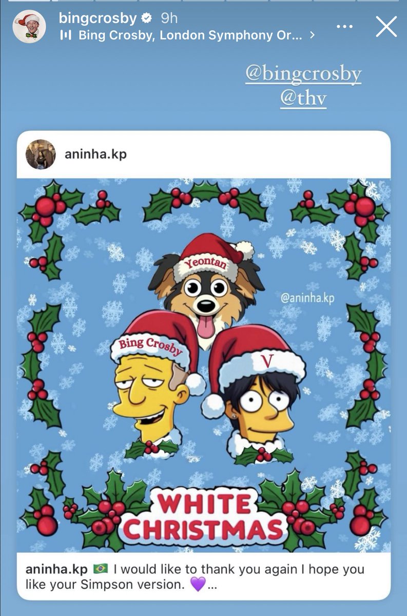 layovermoods's tweet photo. Bing Crosby’ instagram stories are filled with white christmas fanarts, taehyung reels &amp; their similarities this is so adorable 😭 https://t.co/xZ7bo7Vw5a