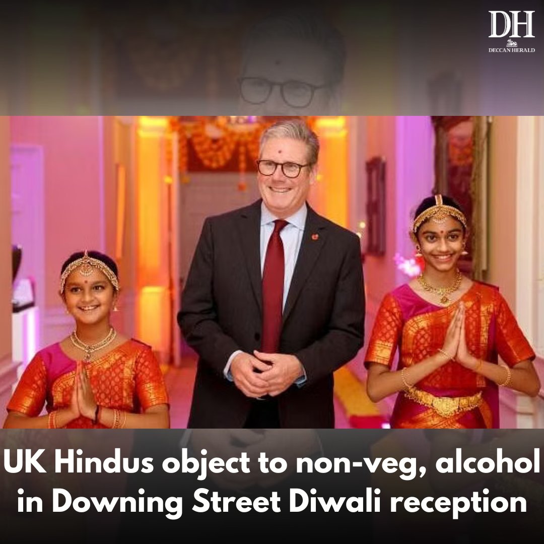 DeccanHerald's tweet photo. Some British #Hindus have taken to social media to voice their objections over a lack of proper consultation ahead of a #Diwali reception hosted by Prime Minister #KeirStramer at 10 Downing Street where reportedly non-veg snacks and alcohol was served. 

https://t.co/IYIFqEwpaT https://t.co/MxDoXqoy2Q