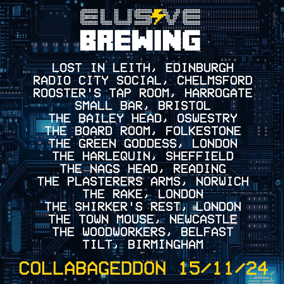 𝐈𝐬 𝐢𝐭 𝐅𝐫𝐢𝐝𝐚𝐲 𝐲𝐞𝐭?

#Collabageddon2024 takes place on 15th November, and you can find all the info over on our blog: elusivebrewing.com/blog-1/collaba…

We’d love to hear which of the 30 venues you’ll be joining in from, so feel free to tag them in a comment below ⤵️