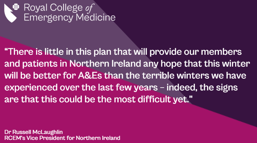 Royal College of Emergency Medicine (@rcollem) on Twitter photo #ICYMI: Northern Ireland’s Winter Preparedness Plan is ‘too little, too late’ to tackle tough season ahead in EDs
Read RCEM’s Vice President for Northern Ireland, Dr Russell McLaughlin <a href="/RCEMvp_NI/">VP RCEM NI</a> full response to the plan here - tinyurl.com/4f8r2bt2 #ICYMI: Northern Ireland’s Winter Preparedness Plan is ‘too little, too late’ to tackle tough season ahead in EDs
Read RCEM’s Vice President for Northern Ireland, Dr Russell McLaughlin <a href="/RCEMvp_NI/">VP RCEM NI</a> full response to the plan here - tinyurl.com/4f8r2bt2