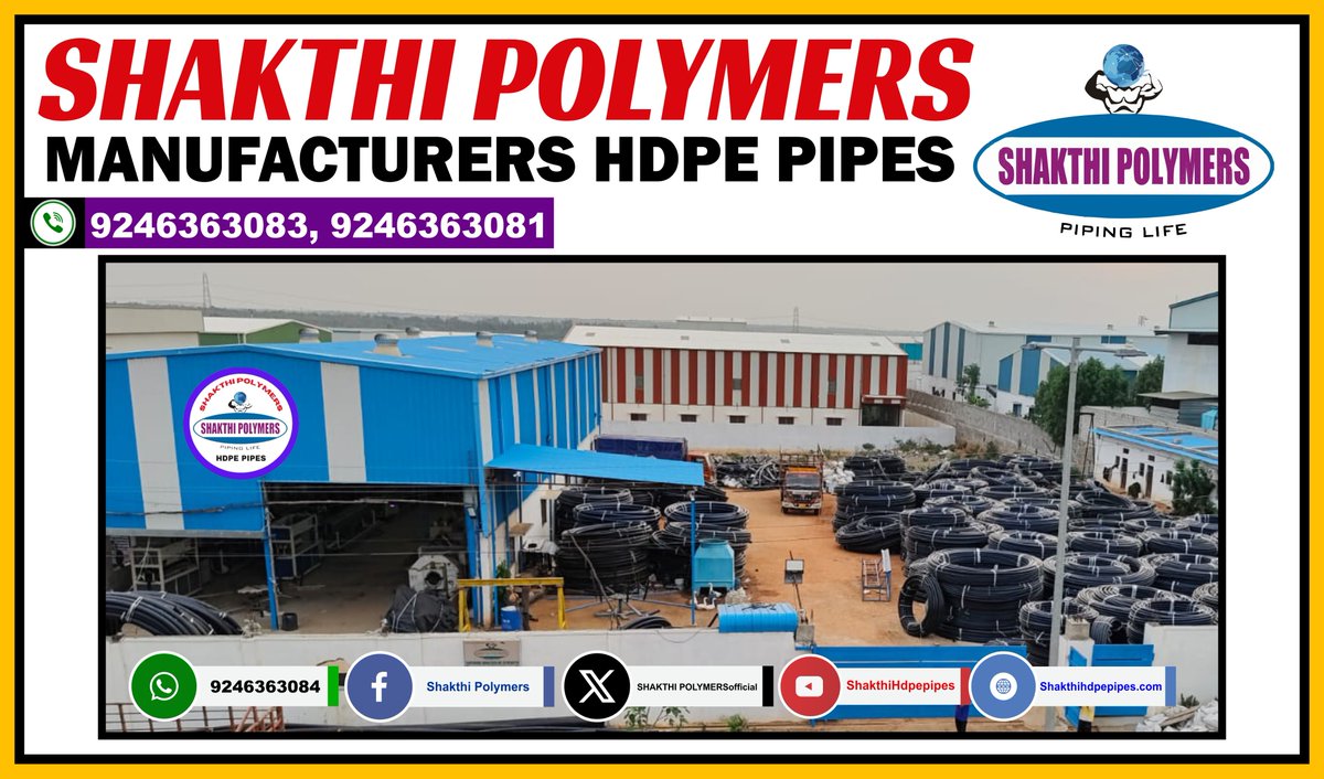 SHAKTHIPOLYMERS's tweet photo. 📷 Introducing SHAKTHI POLYMERS HDPE PIPES! 📷 https://t.co/fHaH51sUVS #ShakthiPolymers #HDPIPipes #Manufacturing #QualityPipes #PipingLife #IndustrialSolutions #TrustedByExperts #borewellpipes #pipecompany #pvcworks #waterdrums #hdpepipe.   Contact : 9246363083, 9246363081 https://t.co/fj6MNfNXlO