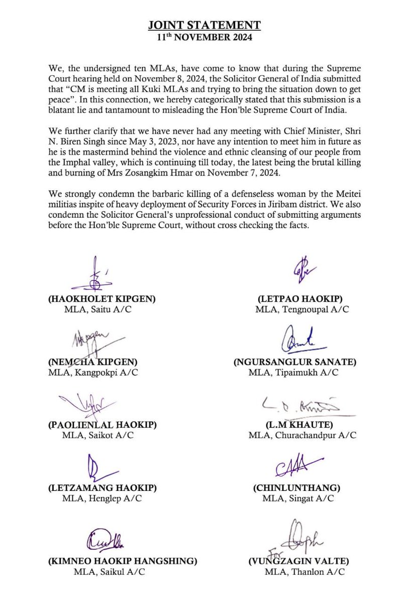being_chikim's tweet photo. Joint Statement by 10 Kuki-Zo MLAs Condemning Lies in Supreme Court and the Continued Violence Against Kuki-Zo People. @SCJudgments @LiveLawIndia @the_hindu @timesofindia @TimesNow 

#KukiZo #MeiteiWarCrimes #MeiteiAtrocities #MeiteiArtOfDeception #BirenSinghExposed #SupremeCourt https://t.co/05HmyUWKqn