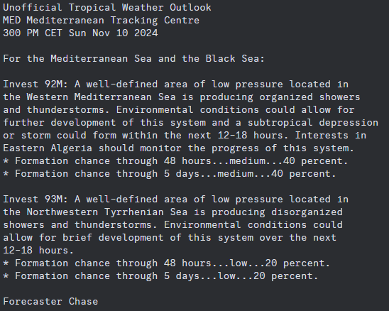 MedicaneTrack's tweet photo. UNOFFICIAL 3pm CET November 10: There is a Medium (40%🟠) chance of a tropical disturbance developing in the W Mediterranean Sea and a Low chance (20% 🟡) of a tropical disturbance developing in the NW Tyrrhenian Sea. 
#wx #wxtwitter #tropicswx #Medicane #Invest92M #92M #93M https://t.co/QL8Lj624l3