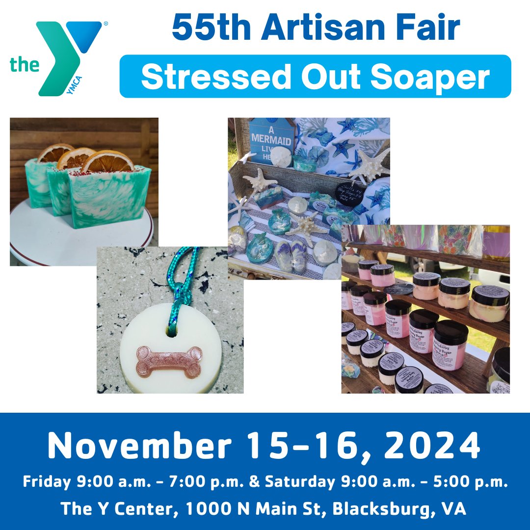 vtymca's tweet image. Meet Your Vendors!
Stressed Out Soaper from Galax, VA, will be at the YMCA&apos;s 55th Artisan Fair! Find all-natural goat milk soaps, bath bombs, sugar scrubs, and even men&apos;s care products—perfect for pampering gifts!

🗓️ Nov 15-16
📍 YMCA Thrift
#YMCAArtisanFair #Shoplocal