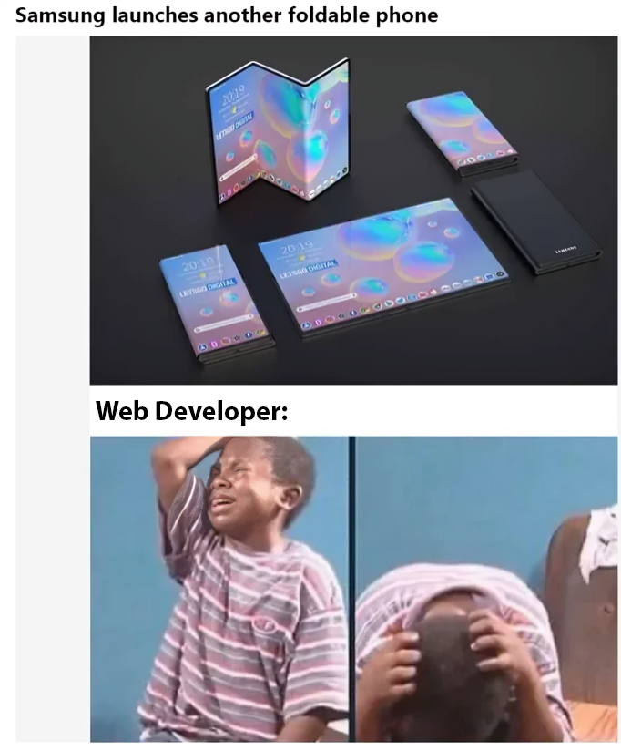 frelancershamir's tweet photo. Samsung dropped another foldable phone... Web developers everywhere: 😭📷

But don’t stress – we’ll make sure your site looks perfect on every screen.

https://t.co/LhjkN5VzwK 

#WebDesign #Developer #ResponsiveDesign #fiverr https://t.co/J4NPnR1AoD