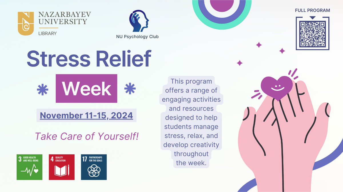 NU_Library_NU's tweet image. 🎨✨📚 JOIN US FOR STRESS RELIEF WEEK 2024 AT NU! Nov 11-15: Workshops & Activities to help you relax during exam prep! More: nu-kz.libcal.com/event/4294956?…
#StressReliefWeek #NUStressFree #NUEvents #MentalWellness