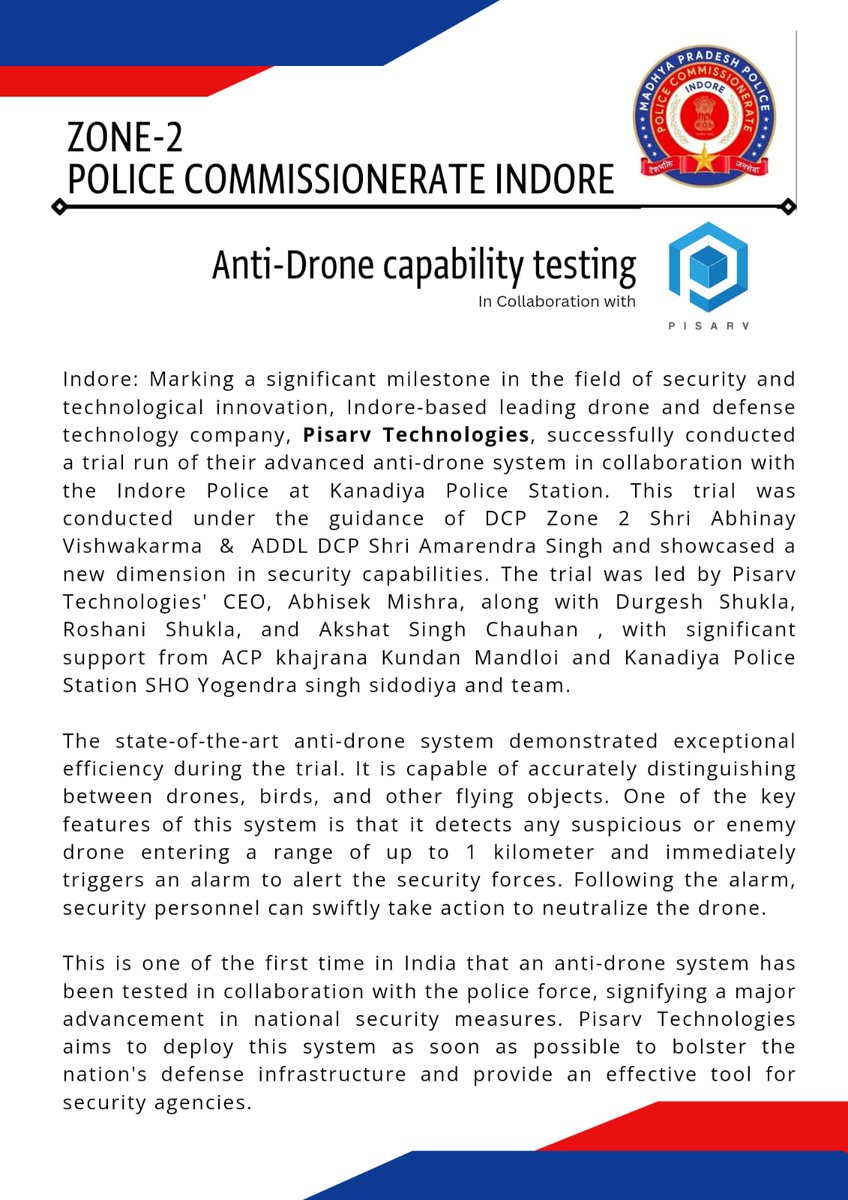 dcpindore_zone2's tweet photo. Anti-Drone capability testing in collaboration with Pisarv technologies.
@CP_INDORE @DGP_MP @mohdept @projsindore @JansamparkMP #indore #drones https://t.co/MXK7nne5AI