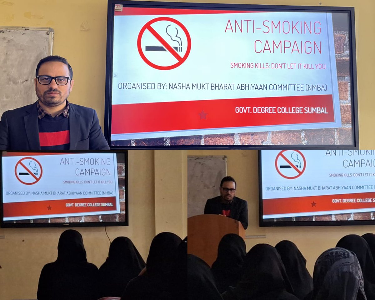kmrfrontpage's tweet photo. GDC Sumbal organized an anti-smoking campaign under Nasha Mukti Bharat Abhiyaan, led by Principal Dr. Shabeena Iqbal Shawl. Event featured Prof. Manzoor's enlightening lecture, aimed to raise awareness about smoking's harmful effects. https://t.co/CRzZ7KnLDT