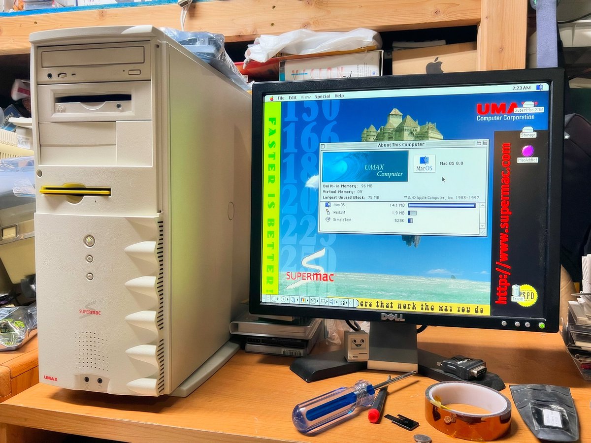 Mmm… dual processor Mac clones ❤️

UMAX SuperMac S900
Dual 250MHz PowerPC 604e CPU
96 MB Memory
Twin Turbo graphics
BlueSCSI v2 + Iomega Zip 100 + CD-ROM