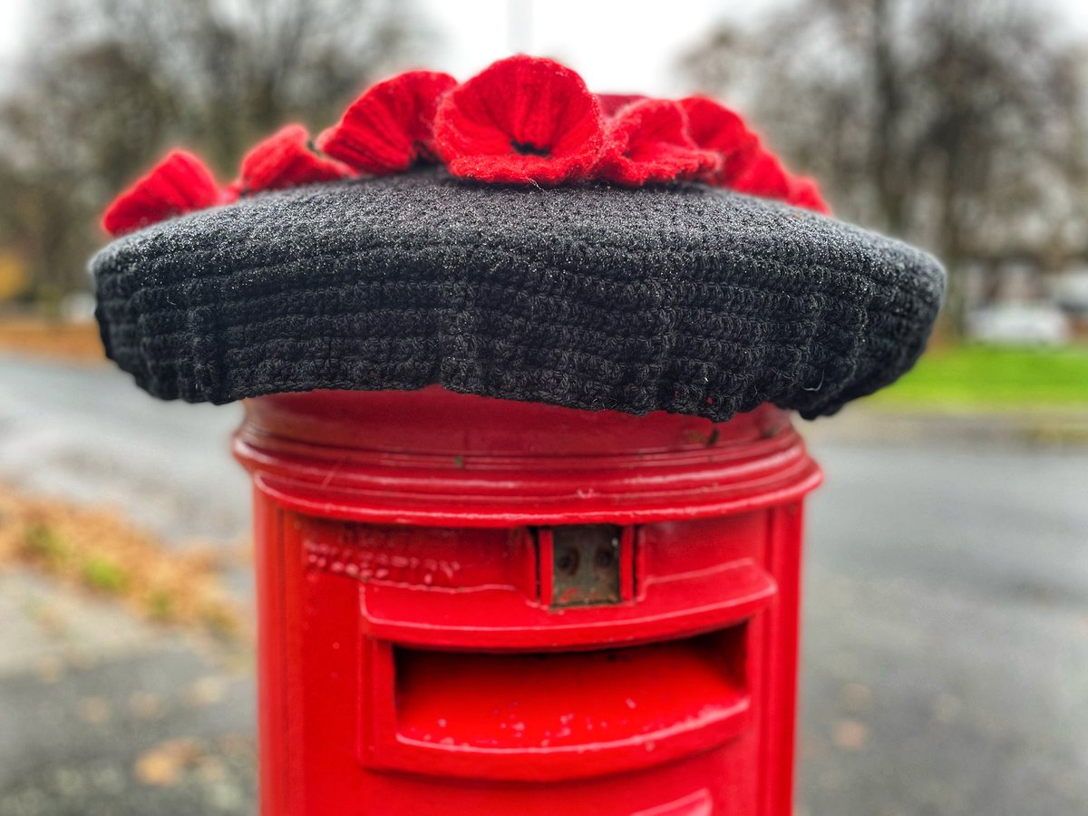tonymc39's tweet image. Knitted poppies on the post box in Port Sunlight #Wirral #RememberanceDay2024