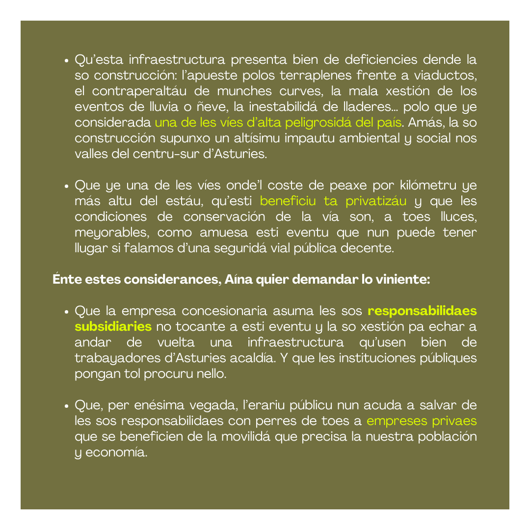 ainaasturies's tweet photo. - Ye una infraestructura que nun ta fecha dende lo público, presenta bien de deficiencies y ye mui peligrosa, amás del impautu ambiental que supunxo nel centru-sur d'Asturies.
- Ún de los costes por km más altos del estáu, con un beneficiu privatizáu pa un serviciu mui ameyorable https://t.co/iuqkme0BNU