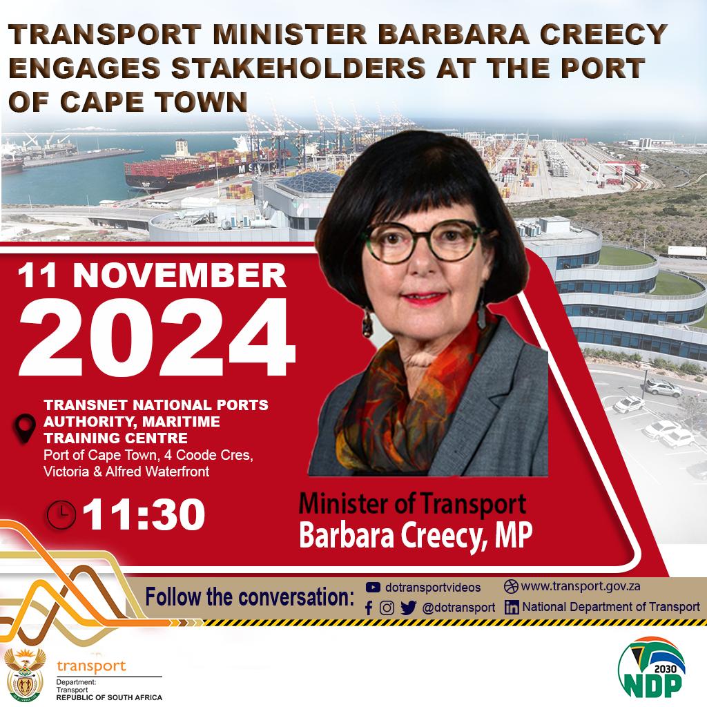 Dotransport's tweet photo. Minister of Transport, Ms. Barbara Creecy will tomorrow, 11 Nov 2024 visit the Port of Cape Town as part of her engagements with stakeholders in the freight logics sector. https://t.co/0LDIGPdcnG