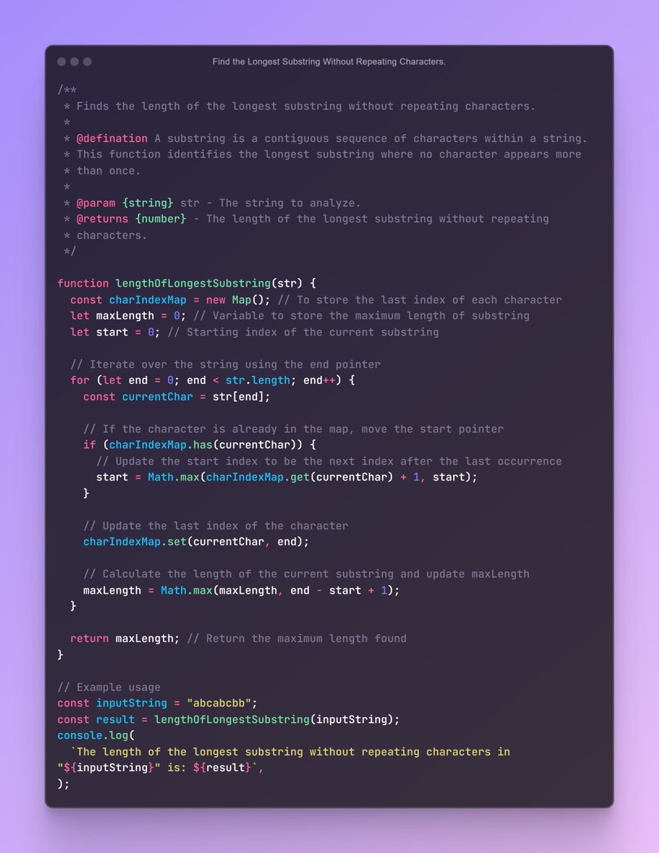iamtazheeb's tweet image. ⚡Find-the-Longest-Substring-Without-Repeating-Characters.
📝 12/12 : String Interview Question(s):
🎯 Day 20 of 75 Days Coding Interview Question (JS)
#javascriptcode #web #javascript #programming #coding #javascriptdeveloper #interviewquestion #tazheeb #tazheeb_shamsi #codin