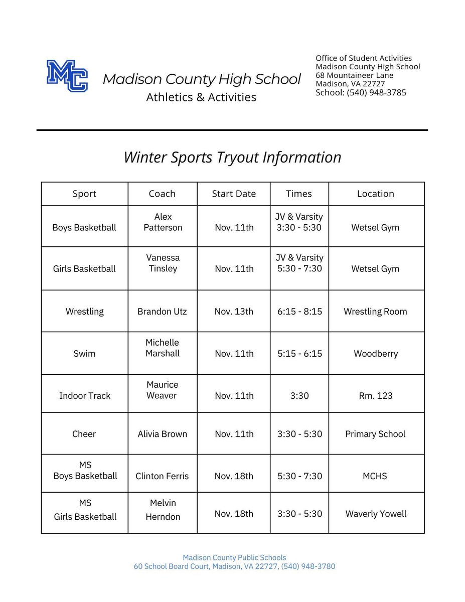Please see the Winter Sports Tryout information below.

*All prospective student-athletes must have a current VHSL Physical Form on file with the Activities Office.
*Middle School Tryouts will start on November 18th.

Contact the Activities Office if you have any questions.