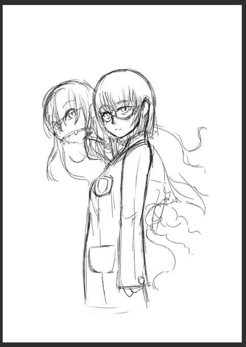 テケテケといつぞやのJK二人で漫画を描きたいというのでちょっと雑描き(テケテケとメガネちゃん 