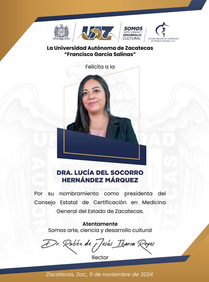 Felicito a mi estimada Dra. Lucia Hernandez Márquez, responsable de la Clínica Universitaria, por su nombramiento como presidenta del Consejo Estatal de Certificación en Medicina General del Estado de Zacatecas.

¡Muchas felicidades, Lucy!

#SomosUAZ