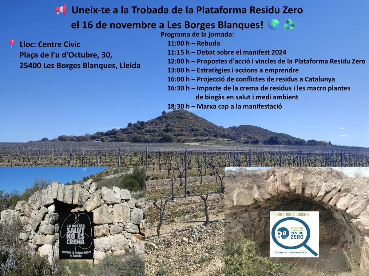 📢 Uneix-te a la Trobada de la Plataforma Residu Zero el 16 de novembre a Les Borges Blanques! 🌍♻
No et perdis aquesta trobada a Les Borges Blanques , on ens reunirem per avançar junts en l'estratègia de #ResiduZero. Una jornada plena de debats, projeccions i propostes i més...