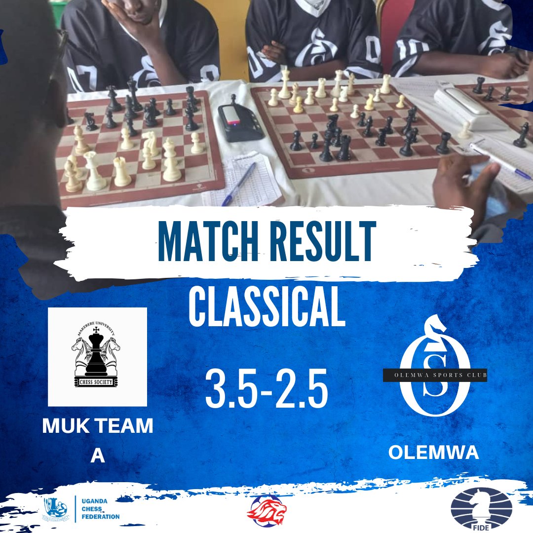 OlemwaSports's tweet photo. After an epic turn of sweating on all the top boards, @Makererechess comes out on top to win the match (3.5 - 2.5)

#ChessUpdates #ChessLeague https://t.co/SOajFwlpLU