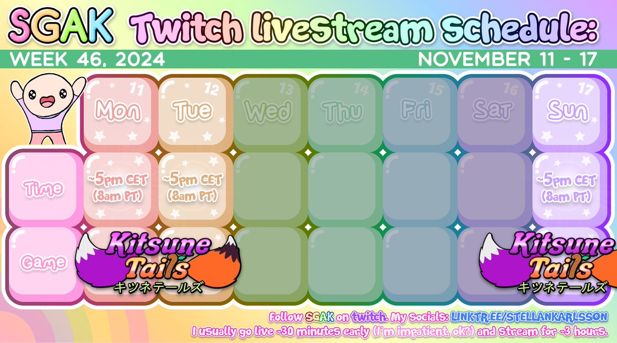 SGAK's tweet photo. Heya! Here's the stream schedule for the upcoming week. Playing the lovely (and wonderfully challenging) #KitsuneTails until it's finished, and after that.. well, I have a lot of games that I want to stream, but I just haven't decided which one yet, sooo.. https://t.co/cq7SWeLbpF