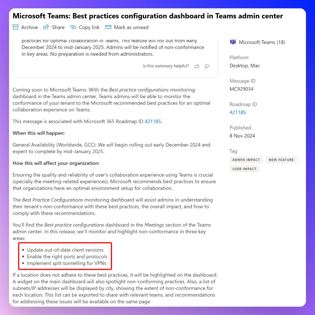 This new dashboard, if used by administrators, could improve the Microsoft Teams experience for so many users.

I'm really pleased to see this coming: a new dashboard/report in the Teams admin centre highlighting users impacted by *fixable* issues 🛠️

🟣 Users on out-of-date