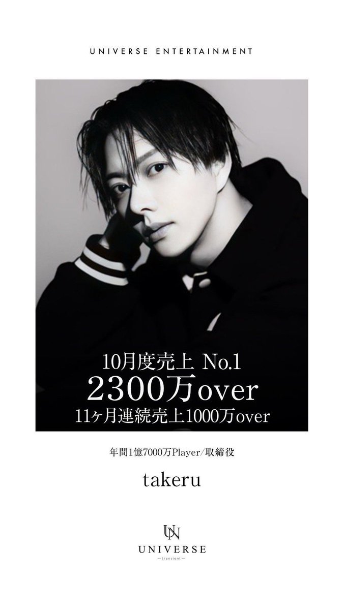universe_osaka_'s tweet photo. ◤￣￣￣￣￣￣￣￣￣￣
　   - 𝑼𝑵𝑰𝑽𝑬𝑹𝑺𝑬 -
＿＿＿＿＿＿＿＿＿＿◢

ー 10月度売上No.1 ー
🏆️ takeru 取締役 🏆️

《10月度2,300万over》
《2024年上半期店舗売上No.1》

UNIVERSE歴代売上記録更新
1億7,000万突破❗️

#見ている未来が違う

Instagram
⬇️
https://t.co/cg9y7rJfCF https://t.co/3cDJH67PCN