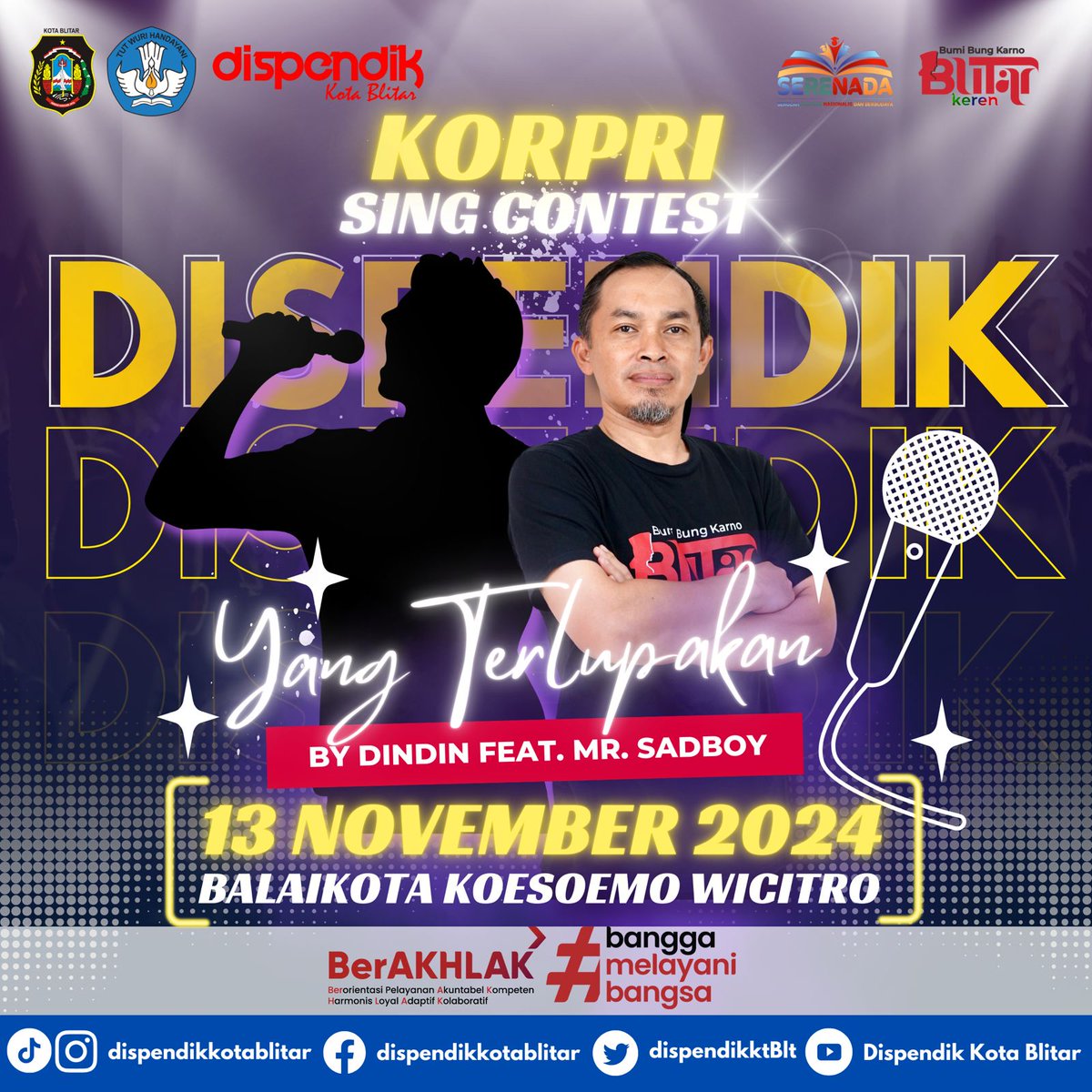 dispendikktBlt's tweet photo. Kepala Dinas Pendidikan Kota Blitar, ✨Bapak Dindin Alinurdin✨ bersama ✨Mr. Sadboy✨ siap memeriahkan panggung KORPRI Sing Contest 2024! Siap-siap nostalgia dengan lagu “Yang Terlupakan” dari Iwan Fals.

#dispendikkotablitar #blitar #blitarkeren #harikorpri https://t.co/HoKpWejYGx