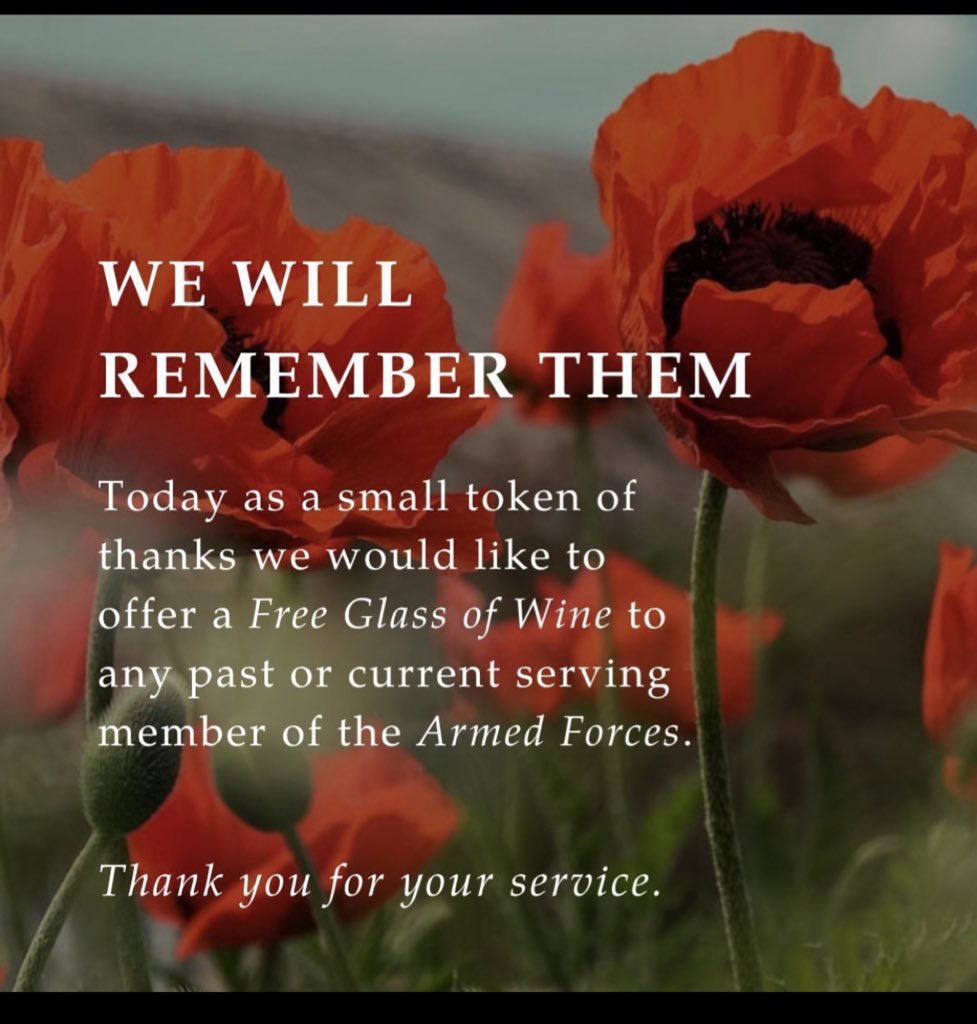 If you’re currently in the armed forces, or have been in the past, please feel free to pop in for a free glass of wine, soft drink, tea or coffee today at The Whalley Wine Bar. Thank you for your service #neverforget
