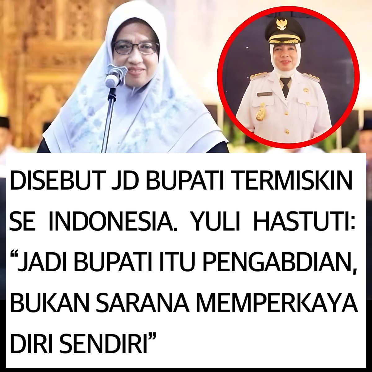 Sosok Bupati Purworejo Yuli Hastuti menuai perhatian usai disebut menjadi bupati termiskin se-Indonesia.

Berdasarkan laporan harta kekayaan yang dilaporkan ke KPK pada 31 Januari 2024, bupati yang dilantik pada 13 Desember 2023 itu memiliki total harta kekayaan senilai Rp 367