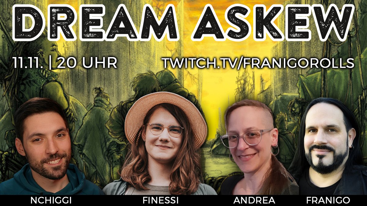 Montag spielen wir eine Runde Dream Askew mit dieser großartigen Gruppe!

Derzeit läuft das Crowdfunding für die deutsche Ausgabe (sehr empehlenswert):

gameontabletop.com/cf4441/dream-a…