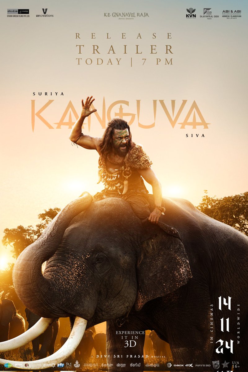 MythriRelease's tweet photo. Prepare to scream #Nalamaa yet again 🔥

#KanguvaReleaseTrailer will strike from 7PM today 🗡

#Kanguva 🦅 

A @ThisIsDSP Musical 🎶

Grand Release in Nizam by @MythriRelease.

#KanguvaFromNov14 🦅
@Suriya_offl @thedeol @directorsiva @DishPatani @StudioGreen2 @UV_Creations @saregamasouth @KanguvaTheMovie