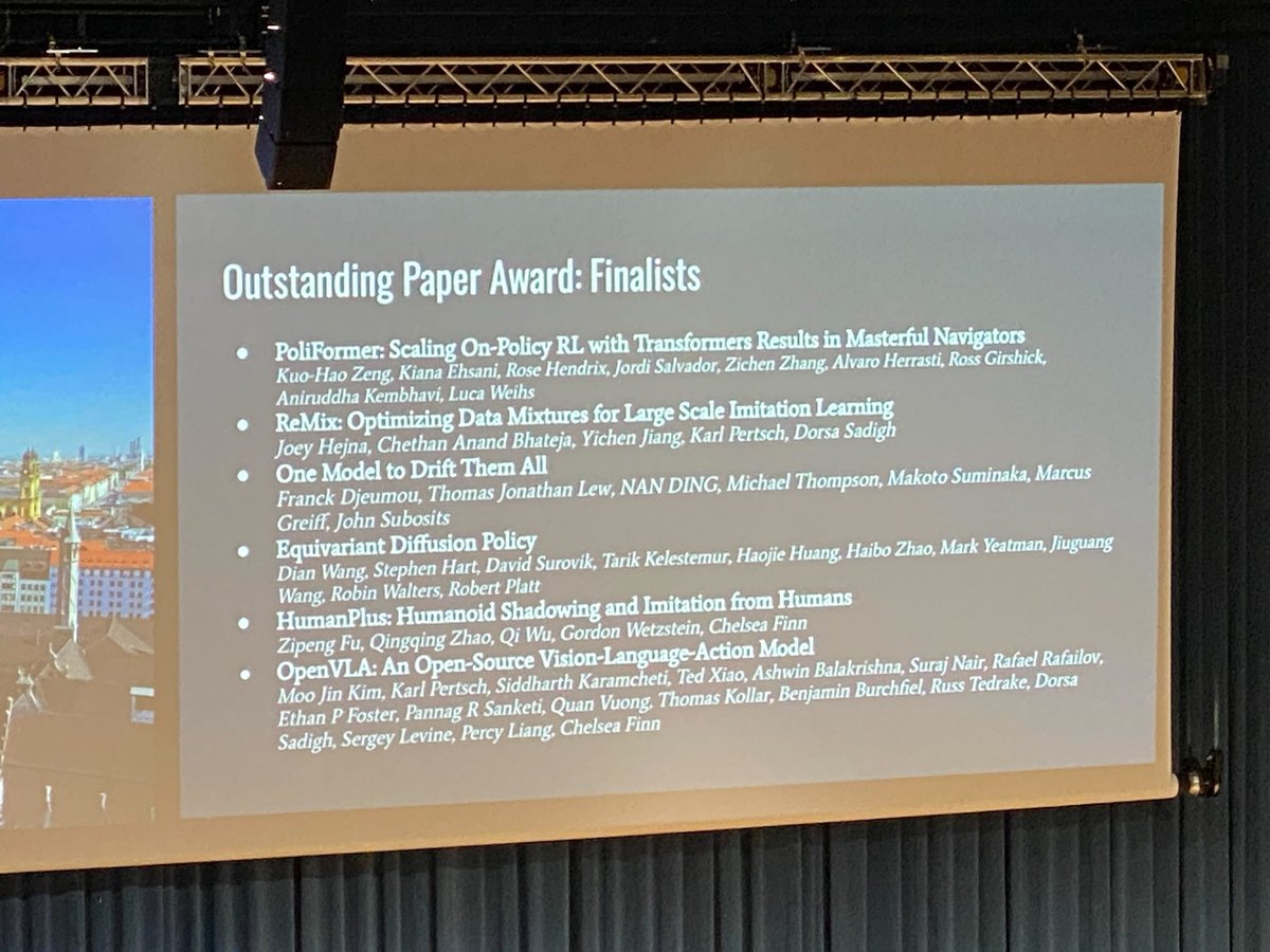 Ted Xiao (@xiao_ted) on Twitter photo OpenVLA is an Outstanding Paper Award Finalist (6/265) at #CoRL2024 🏅
Great to see amazing community adoption and lots of cool research building on top of our work in just a few short months 🚀
Awesome job to the project leads <a href="/moo_jin_kim/">Moo Jin Kim</a> <a href="/siddkaramcheti/">Siddharth Karamcheti</a> <a href="/KarlPertsch/">Karl Pertsch</a>! OpenVLA is an Outstanding Paper Award Finalist (6/265) at #CoRL2024 🏅
Great to see amazing community adoption and lots of cool research building on top of our work in just a few short months 🚀
Awesome job to the project leads <a href="/moo_jin_kim/">Moo Jin Kim</a> <a href="/siddkaramcheti/">Siddharth Karamcheti</a> <a href="/KarlPertsch/">Karl Pertsch</a>!