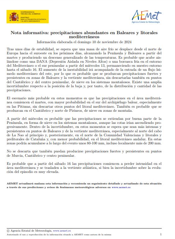 ⚠️Atención!!!

🌧️Compartimos nota informativa de <a href="/AEMET_Esp/">AEMET</a> con información pormenorizada sobre el episodio de precipitaciones abundantes previstas en el litoral meditarréneo #DANA para la próxima semana.

➡️Afectarán de manera especial en el norte de la Comunitat Valenciana con