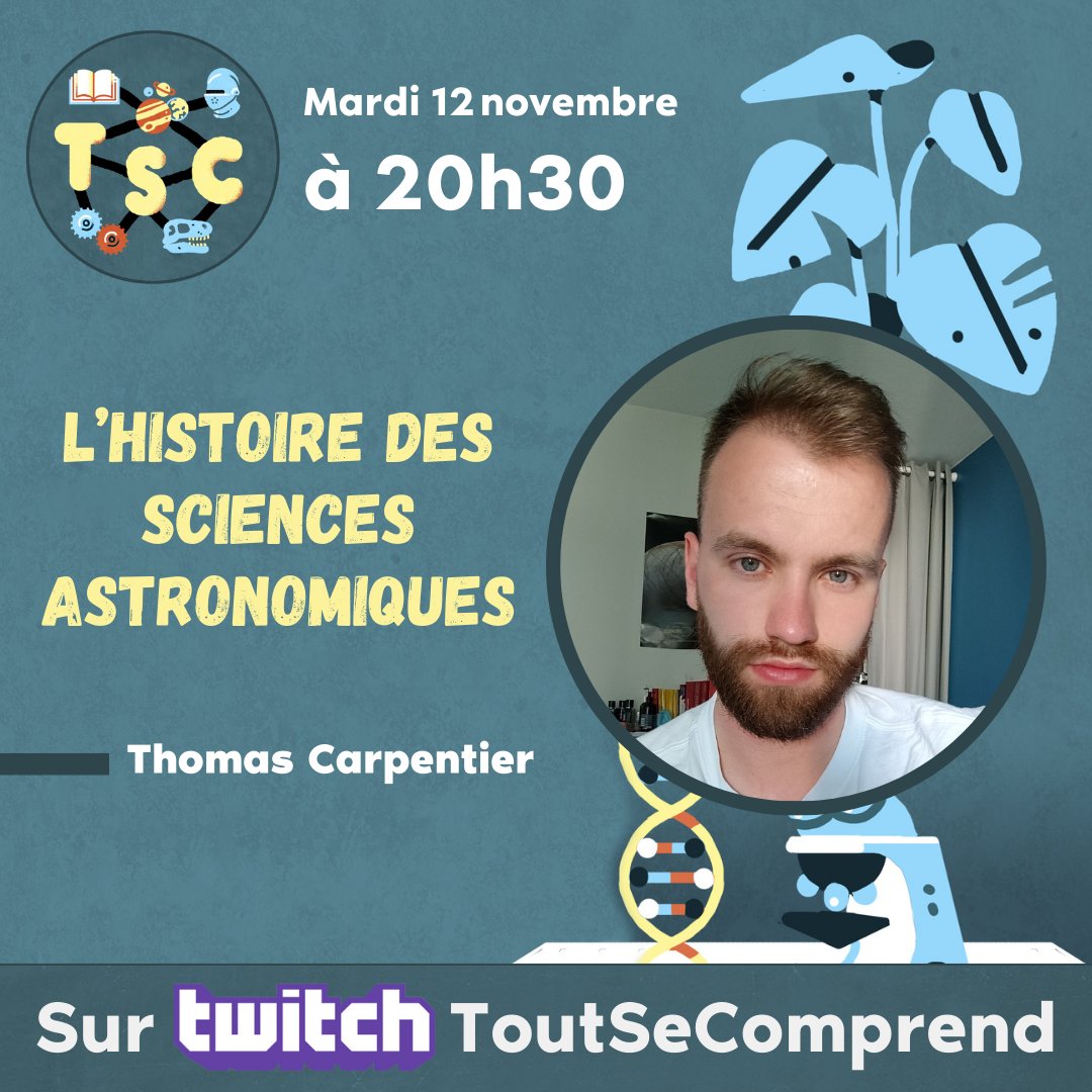🔭 Ce mardi à 20h30, je reçois <a href="/Tho_Carp/">Thomas</a> pour discuter d'histoire des sciences astronomiques sur ma chaîne :

▶️ twitch.tv/ToutSeComprend