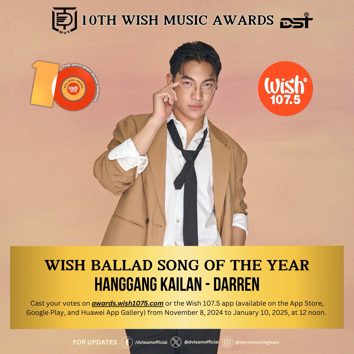 [🗳] 10TH WISH MUSIC AWARDS 

DNs! Cast your vote for #DARREN on #WishMusicAwards2024 under the category of "Wish Ballad Song of the Year" for his song #HanggangKailan. 

Vote here: awards.wish1075.com 

#DVotingTeam #SVRTeam 
#DNs <a href="/Espanto2001/">Darren</a>