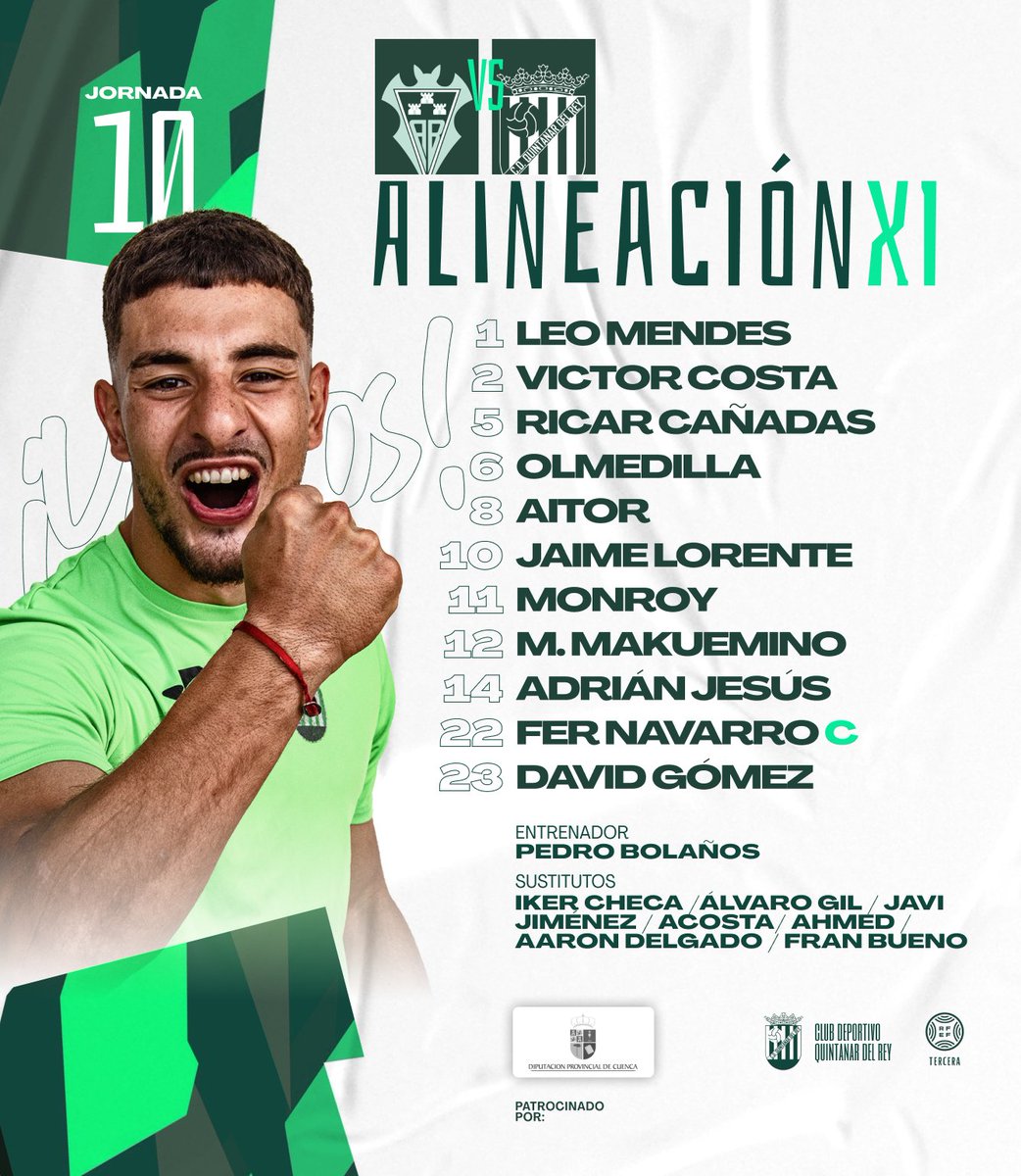 Nuestro XI inicial | TEMPORADA 24/25 l 📢⚽️

**JORNADA 10**
🆚️ <a href="/AlbaceteBpB/">Albacete Balompié B</a>
➡️ Atlético Albacete 

👤 Pedro Bolaños <a href="/PedroBolanos23/">PEDRO BOLAÑOS</a>

Alineación patrocinada por <a href="/DipuCuenca/">Diputación de Cuenca</a>

#quintanarAle 
#quintanardelrey 
#VamosQuintanar 
#3rfef