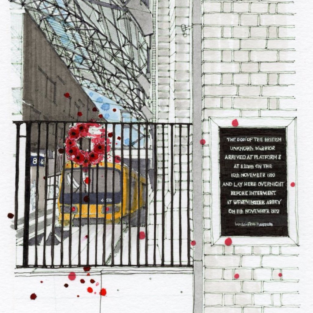 "The body of the British unknown warrior arrived at platform 8 at 8:32pm on 10th November 1920 and lay here overnight before interment at Westminster Abbey on 11th November 1920.
Western Front Association" 

#LestWeForget #RememberanceDay2024 #rememberancesunday