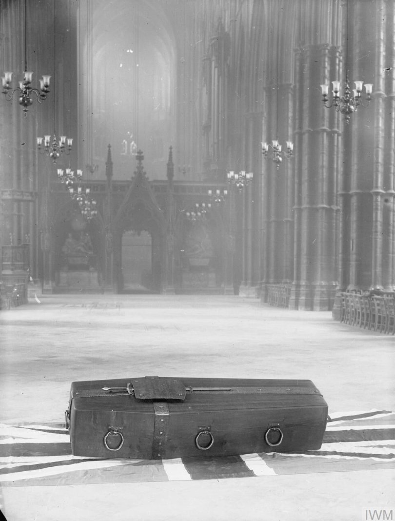Today we remember all those who have suffered and died in conflict. 

The coffin of the Unknown Warrior in Westminster Abbey, London, November 1920. 

Image: IWM (Q 31518)