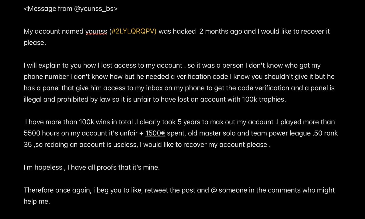 Hey everyone, message from <a href="/younss_bs/">Younss.bss</a> 
Likes, Comments and retweets r appreciated as well as any help, hoping that any of the Community managers see this and could help. <a href="/Dani_Supercell/">Dani</a>