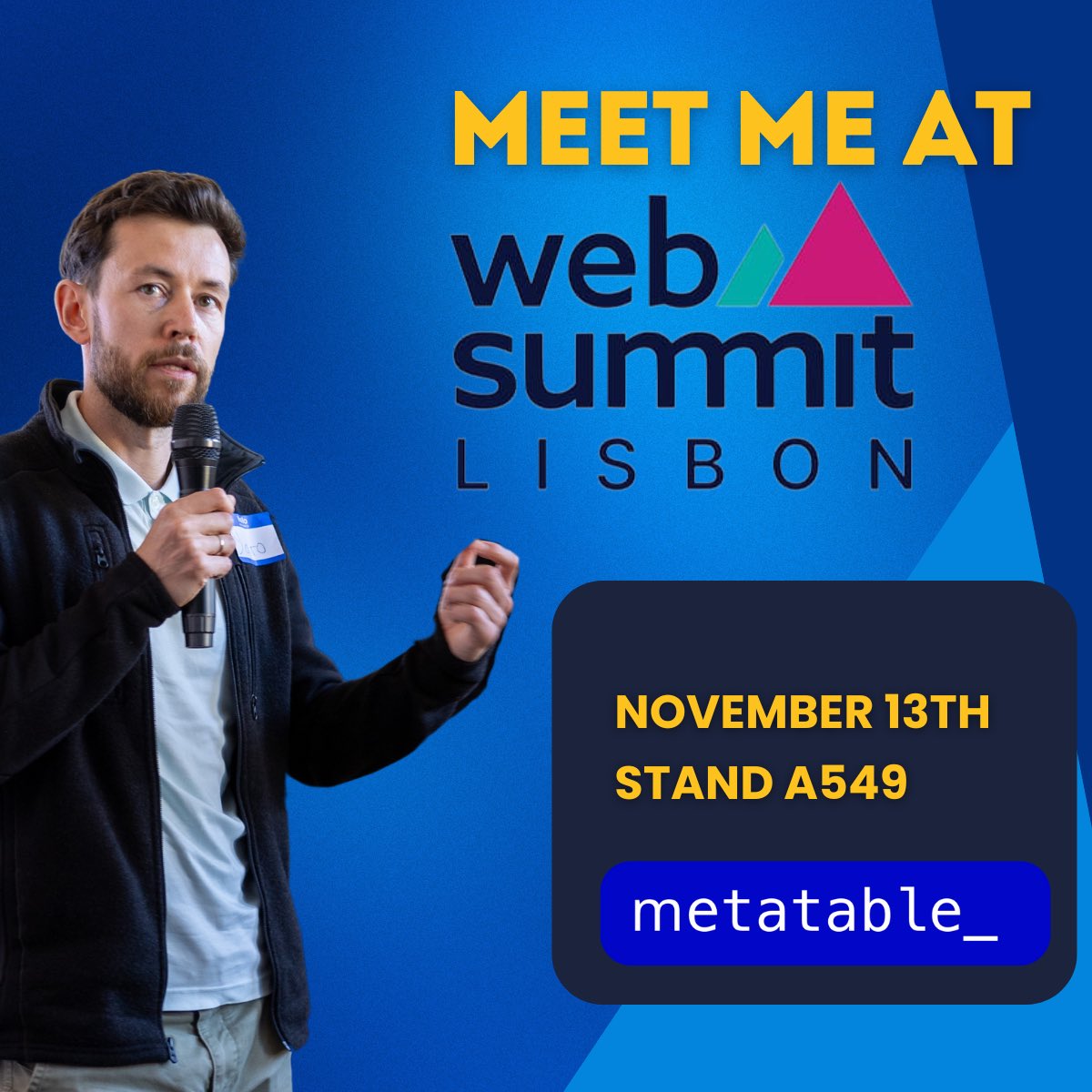 MetatableAI's tweet photo. Meet Yaro CEO at https://t.co/Ev8bsgShc2 🇺🇦 at Web Summit in Lisbon! 
Are you:
•A tech enthusiast curious about AI agents?
•Business ready for AI-powered dev?
•Pre-seed investor? We have traction! 🚀
Find us at A549 or let's grab coffee! ☕️ https://t.co/oJLKUwbaOL