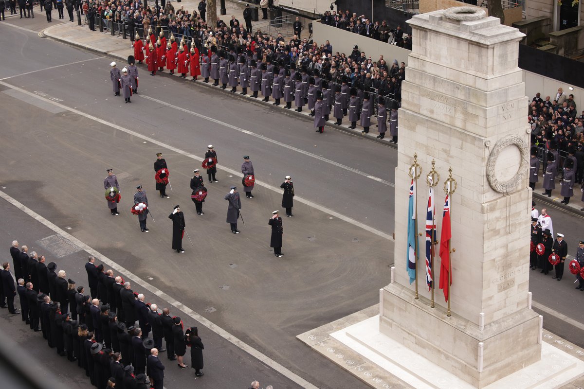 HM The King joins members of the Armed Forces and military veterans to lead the nation in Remembrance at the Cenotaph.