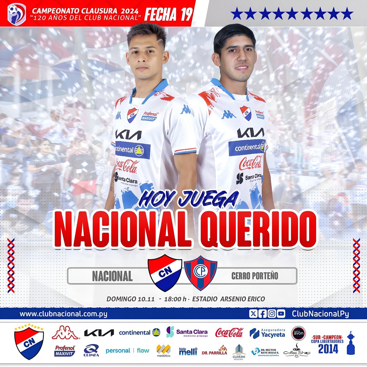 ¡𝑯𝑶𝒀 𝑱𝑼𝑬𝑮𝑨 𝑵𝑨𝑪𝑰𝑶𝑵𝑨𝑳 !! 😍 

🆚  Cerro Porteño 

🏟 Estadio Arsenio Erico 

🕗 18:00

#120Años #VamosNacional 🔴⚪️🔵