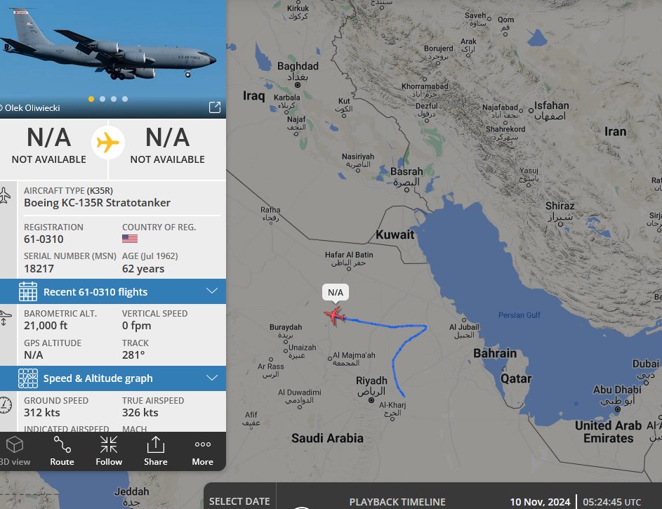 SirListenalot's tweet photo. 0525z #KC135 #AE0261 #BLUE61 out of Prince Sultan at FL210, Likely dragging #A10's. To Souda Bay? To Sigonella? BLUE61 into Naples? https://t.co/GjKxyb3jau