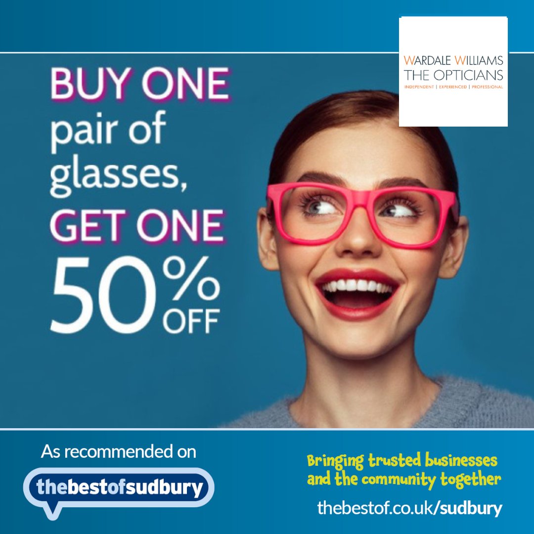 bestofsudbury's tweet image. Are you in need of some new glasses?
Wardale Williams, independent opticians in Sudbury, Suffolk, are offering Buy One pair of glasses and get a pair for 50% off!
Pop in and see them today!
thebestof.co.uk/local/sudbury/…
