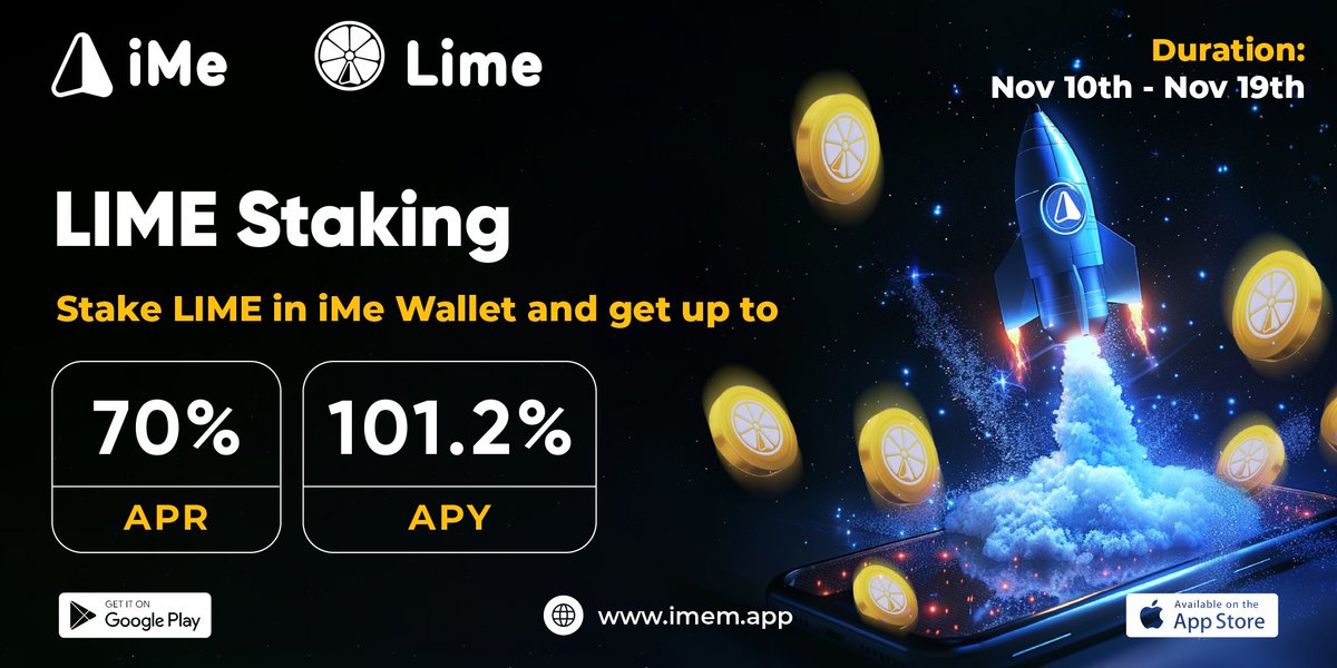 🚀New LIME Staking program available in iMe Wallet! 💸

🔹 70% APR / 101.2% APY 
🔹 Duration: 10 days, starting on November 10th 
🔹 Free withdrawal at the end of the period
🔹 Scheduled withdrawal by request within 10 days - 1%;
🔹 Immediate withdrawal - 10%.
🔹 Free withdrawal