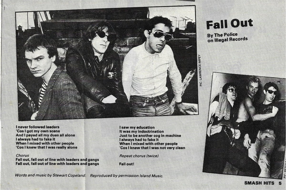 Smash Hits Sunday lyrics for today is The Police with ‘Fall Out’. Not one of their better known tracks but a more than decent single all the same. 
<a href="/Notoldjustexpe1/">🖤 Notoldjustexperienced</a> 
<a href="/MIKEYWMS/">Michael Williams (Mikey)</a> 
<a href="/AffrenchFfrench/">Andrew Ffrench</a> 
@zap210 
<a href="/NewWaveAndPunk/">PunkAndNewWave</a>
<a href="/ScotsPostPunk/">Scottish Post-Punk</a>
<a href="/PunKandStuff/">PuNk and Stuff</a>