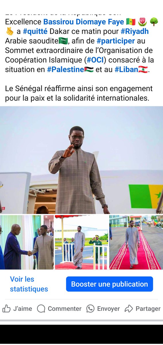 laminemane24's tweet photo. Le Président de la République Son Excellence @PR_Diomaye 🇸🇳 🌷 🌳 🫰 a #quitté Dakar ce matin pour #Riyadh Arabie saoudite🇸🇦, afin de #participer au Sommet extraordinaire de l’Organisation de Coopération Islamique (#OCI) consacré à la situation en #Palestine🇵🇸 et au #Liban🇱🇧. 
Le Sénégal réaffirme ainsi son engagement pour la paix et la solidarité internationales.
#Kebetu #Sénégal 🇸🇳